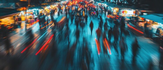 Abstract night city crowd motion blur urban street scene teal red lights dynamic energy