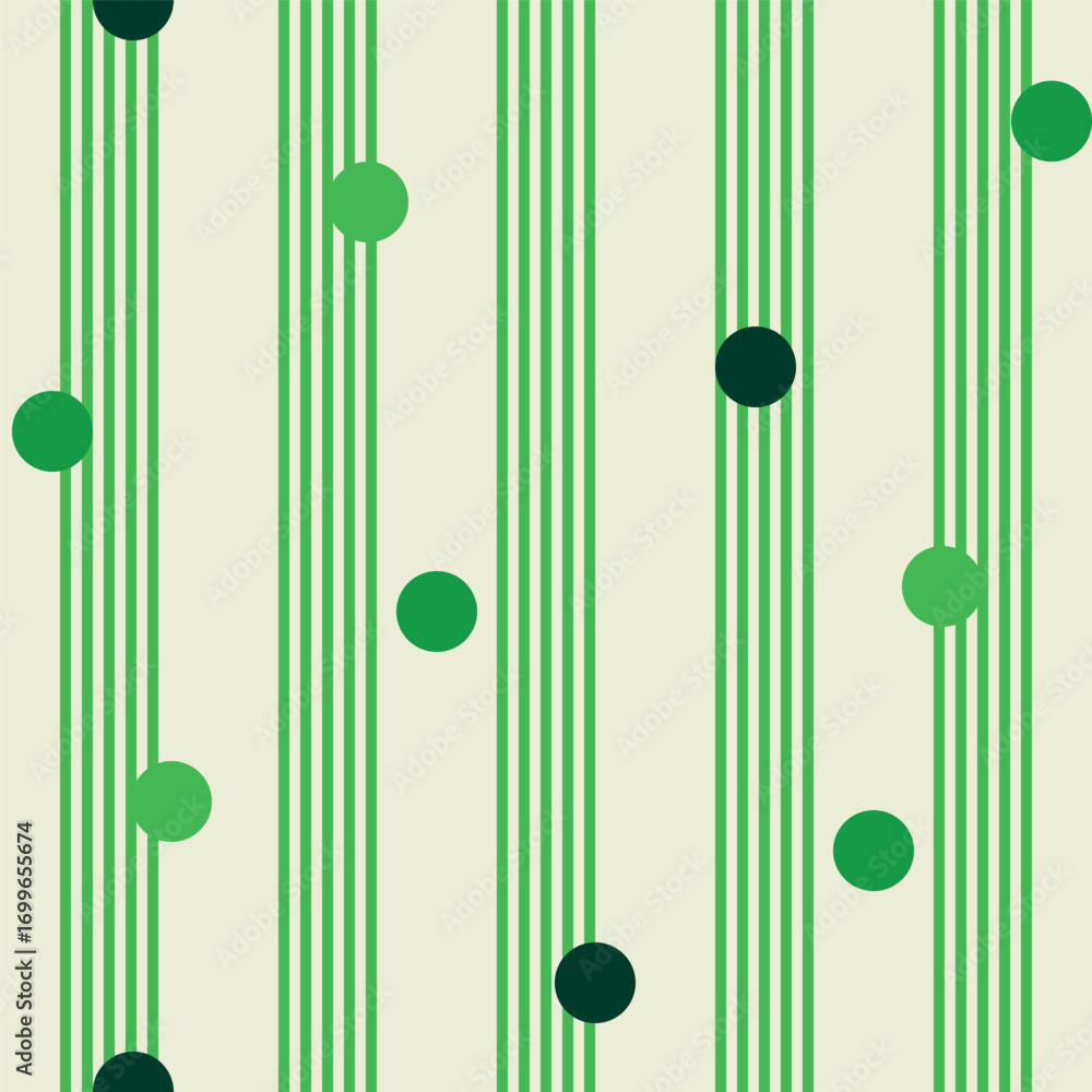 Poster seamless vector pattern with green vertical stripes and varying green dots on light background abstr