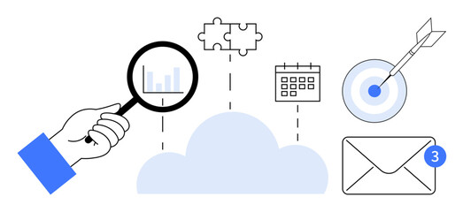 Magnifying glass on analytics, cloud, puzzle for solutions, calendar for task management, target for goals, mail envelope for communication. Ideal for data, strategy, organization teamwork