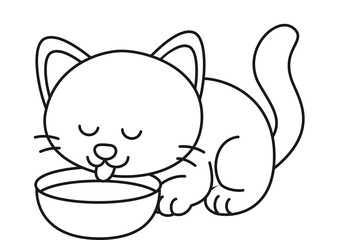 Illustration of Cat Drinking from Bowl
