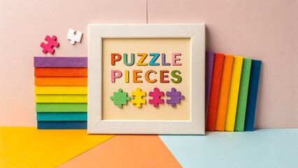 Puzzle pieces with rainbow colors and frame on pastel background  
