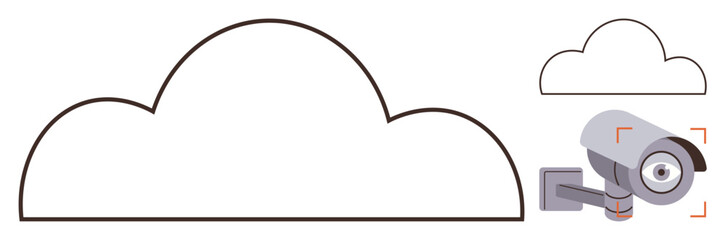 Cloud outline paired with surveillance camera, browsing security, digital privacy, remote monitoring, data safety, cyber protection. Ideal for technology, security systems, data storage concepts