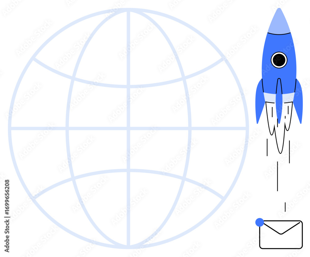 Poster blue rocket soaring next to a global grid sphere and launching an email. ideal for innovation, techn