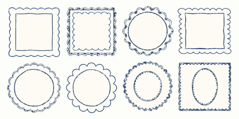 Collection of eight hand drawn decorative frames and borders with scalloped edges in various shapes and sizes