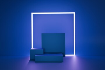 Minimalist Blue Stage with Glowing Frame for Product Display