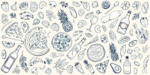 Whimsical hand drawn sketch collage of food and drink elements including pizza fruits vegetables and seafood