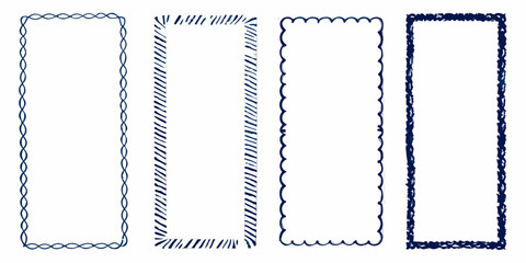 Collection of four unique hand drawn dark blue rectangular borders on a white background