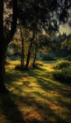 Naklejka premium Sunlit shadows dance across a tranquil forest glade, dappling the lush green grass with golden hues.