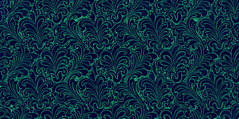 Elegant seamless dark blue and green organic floral pattern background