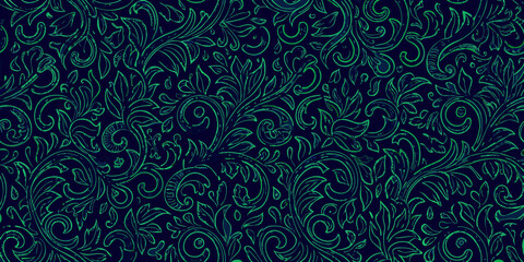 Elegant seamless dark blue background with vibrant green swirling floral vine pattern © Pabitra