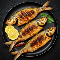 Delicious grilled fish dish with lemon slices and bay leaf on a black plate