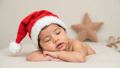 Baby sleeping peacefully with Santa hat in cozy indoor setting  