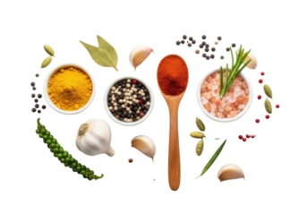 Photorealistic flat lay of vibrant turmeric, mixed peppercorns, pink salt with rosemary, paprika, garlic, and cardamom on white linen, copy space, concept of natural culinary ingredients