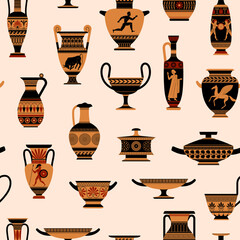 Greek vases seamless pattern. Traditional ancient amphorae, decorative ornaments, antique culture, museum ceramics. Textile, wrapping paper, wallpaper. Print for fabric tidy vector background