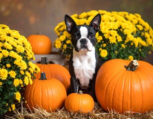 Festive autumn portrait: A Boston Terrier amidst pumpkins and fall mums