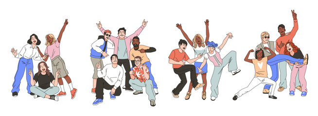 Friends posing together. Happy people groups in dynamic poses, funny young teams, smiling men and women, team positive emotions, togetherness vacations, tidy vector cartoon isolated set