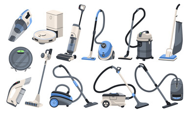 Electric vacuum cleaners. Different models, home, professional cleaning equipment, washing robots devices, getting dust, household machines, cartoon flat style isolated tidy vector set