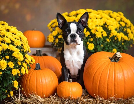 Festive autumn portrait: A Boston Terrier amidst pumpkins and fall mums - Powered by Adobe