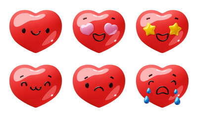 3d heart emoji faces. Cartoon funny red love symbols, different emotions and expressions, valentine day romantic signs, social media happy crying and surprised classy vector render glossy set