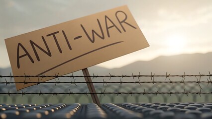 Protest sign with anti war message behind barbed wire fence at sunset  
