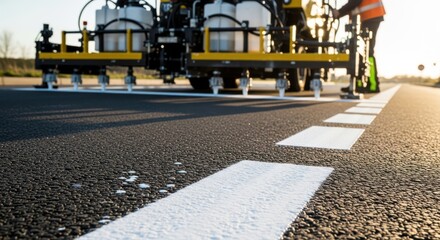 Road marking machine painting white lines on asphalt road