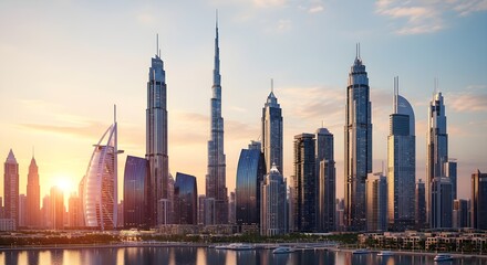 Fototapeta premium A breathtaking city skyline at sunrise showcases towering modern skyscrapers bathed in warm golden light, reflecting off the water. The urban landscape highlights architectural innovation and beauty.