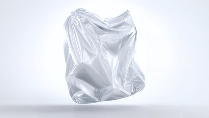Fototapeta premium Floating shiny silver metallic crumpled plastic bag abstract isolated on white background with soft light and shadow minimal concept design element air inflate