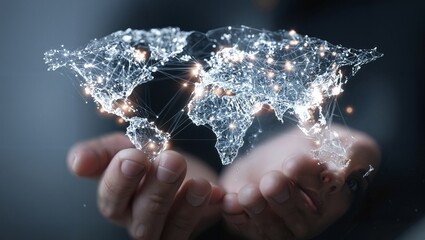 Hands holding a digital hologram world map with interconnected glowing points and network lines representing global connectivity and communication technology concepts
