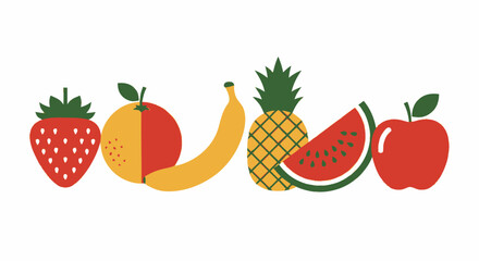 Stylized Fruit Assortment Strawberry Orange Banana Pineapple Watermelon and Apple.