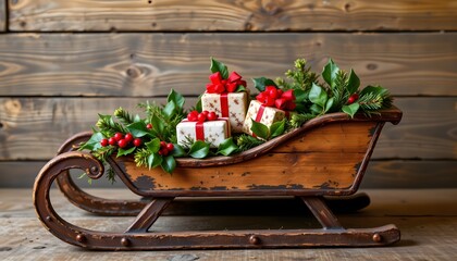 a rustic wooden sled decorated with holly and gifts.