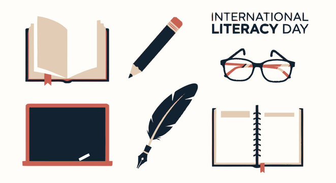 International Literacy Day Graphic with Books Pencil Quill Glasses and Blackboard.
