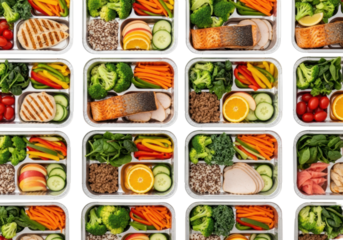 Top-down of silver foil meal prep containers with diverse healthy meals, neatly arranged on a clean background, sharp focus, soft light, promoting organized healthy eating
