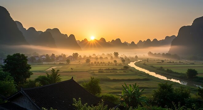 Sunrise over misty valley with river and karst mountains dawn