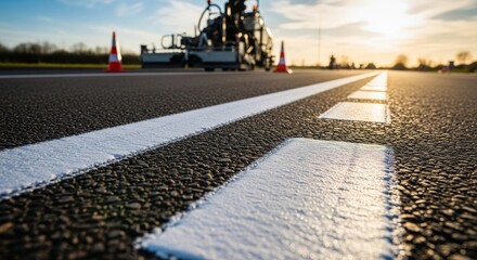 Road marking machine painting white lines on asphalt road