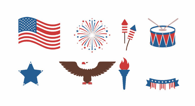 Patriotic American Symbols Flag Fireworks Eagle Torch Drum Banner Star.