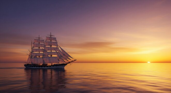 A majestic and beautiful old tall ship with full sails, sailing peacefully on a calm ocean at a vibrant sunset.