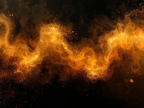An abstract background of a golden fire cloud with glowing particles and smoke on a dark backdrop.