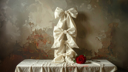  striking still life featuring a vertical stack of three elegant cream-colored bows, artfully arranged beside a vibrant single red rose, all set against a heavily distressed and textured wall.