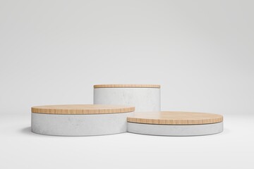 Minimalist Round Concrete and Wood Display Platforms on Light Grey