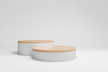 Minimalist Round Concrete Platforms with Wooden Tops on Light Grey
