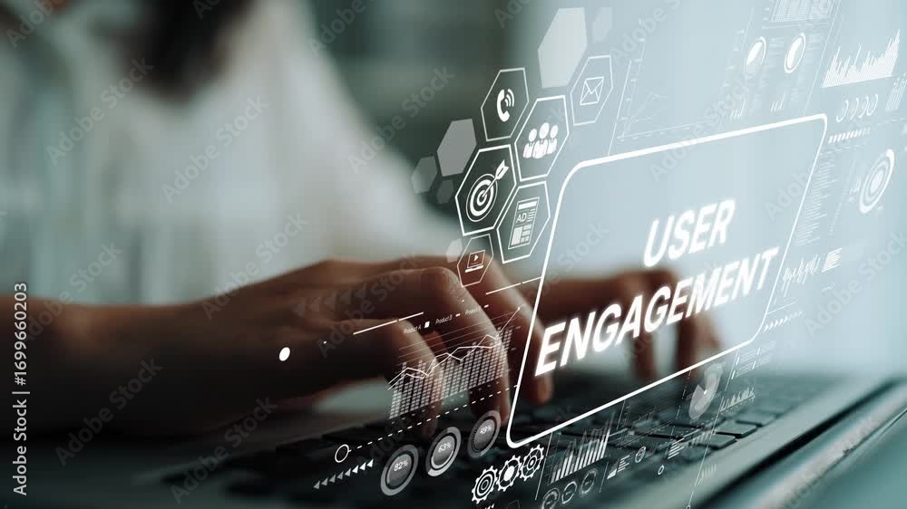 Poster hands typing on laptop with digital user engagement concept and graphic interface overlay in modern 