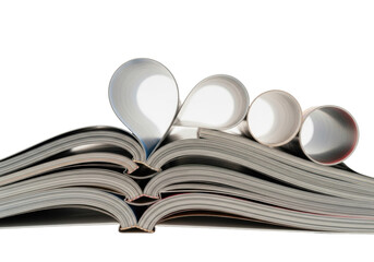 Meticulously arranged open glossy magazines, fanned pages gently curling, blue, green, red, beige hues, transparent background, copy space, soft studio light. Concept of print media design