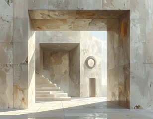 A minimalist, modern architectural space with light beige stone walls, showcasing a spiral staircase and a circular cutout.