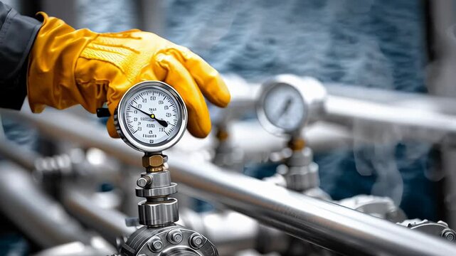 Industrial technician wearing yellow protective gloves monitoring pressure gauge on complex metal pipe network, ensuring safe operations against blurred water background