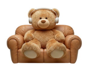 Teddy bear sofa headphones plush brown cute playful cozy relaxation living room—A brown teddy bear with headphones sits plush sofa creating playful and cozy atmosphere perfect for relaxation