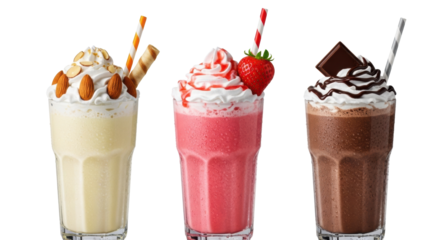 Three vanilla almond, strawberry, chocolate milkshakes in fluted glasses with whipped cream, on a transparent background with copy space, concept of refreshing indulgence