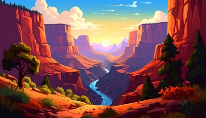 Scenic canyon landscape during sunset with flowing river and stylized art