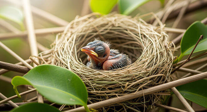 A soft-focused wildlife photograph of a tiny featherless nestling bird resting in a woven straw nest, surrounded by delicate twigs and leaves, with natural daylight filtering through in gentle tones.