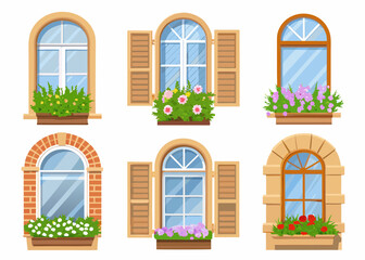 Collection of charming arched windows with flower boxes and shutters