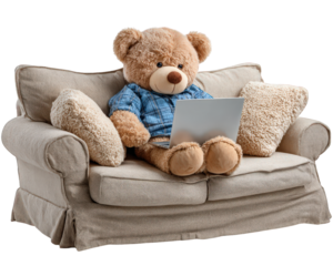 Teddy bear sofa laptop plush cozy modern living room technology relaxation cute plush toy sitting comfortably on beige sofa using laptop creating warm and modern lifestyle atmosphere